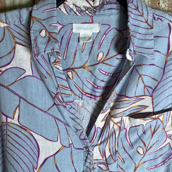 Cynthia Rowley Linen Blue Tropical Leaf Shirt Size L - Picture 2 of 9